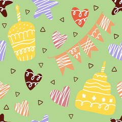 Seamless pattern happy birthday. Doodle, hand drawn illustration.