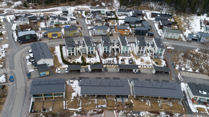 Aerial view from Drone flight Modern townhouse In Tampere city. Vuores, Finland.