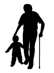 Grandfather with stick and child walking