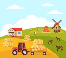 Fototapeta na wymiar Tractor harvesting farm life concept. Vector flat graphic design illustration