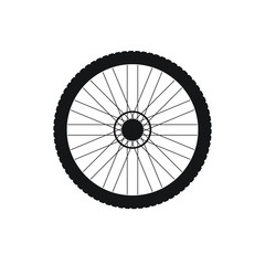 Vector flat black icon logo of bicycle wheel isolated on white background 