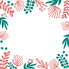 Fototapeta na wymiar Frame floral hand drawn illustrations set in doodle style with flowers and leaves on white backdrop. Gentle floral background