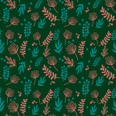 Floral pattern in doodle style with flowers and leaves on green backdrop. Gentle floral background