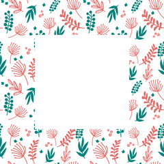 Fototapeta na wymiar Floral pattern in doodle style with flowers and leaves on white backdrop. Gentle floral background