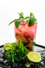 lemon juice with mint and ice isolated on white