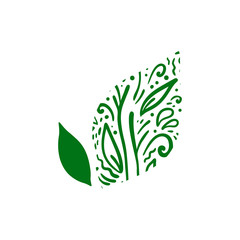 Hand drawn doodle vector illustration. Ecology, nature protection. Green concept with leaves on the white background.