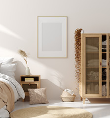 Mock up frame in bedroom interior, beige room with natural wooden furniture, Scandinavian style, 3d render © artjafara