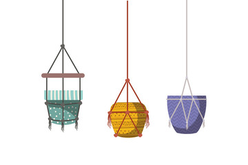 flower pots in macrame hangers icon