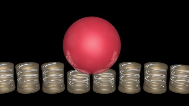 Red ball weight moves accross expanding contracting springs . 3d animation