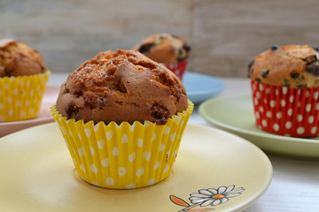 Fresh baked homemade cupcakes close up on colorful plates