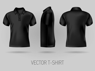 black short sleeve polo shirt design templates front, back, and side views . vector t-shirt mock up