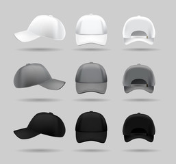 set of white, black and gray baseball cap, . realistic vector mockup