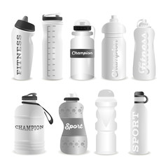 set of realistic 3d black and white empty water bottles. Design template of packaging mockup for graphics.