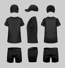 Black t-shirt, cap and shorts template in three dimentions: front, side and back view.