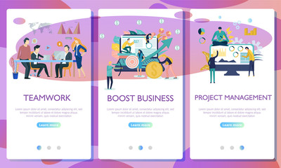 Fototapeta premium Set of web page design templates for business. Landing page shows the meeting and brainstorming, strategic partnership, crowdfunding and processing in the office or by the freelancer.