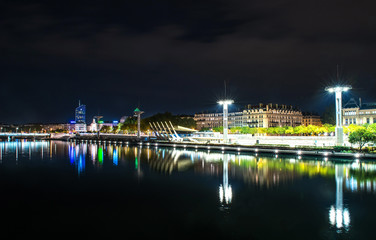 View of Rhone river in Lyon at night, France