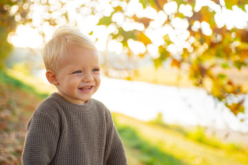 Toddler boy blue eyes enjoy autumn. Small baby toddler on sunny autumn day. Warmth and coziness. Happy childhood. Sweet childhood memories. Child autumn leaves background. Warm moments of autumn