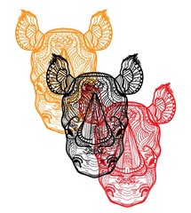 The head of a rhinoceros. Meditation, coloring of the mandala. Fluffy ears, big horn on the nose. Drawing manually, templates. Strips, points, arrows. Spots of watercolor paint, spray. Print, logo.