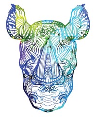 The head of a rhinoceros. Meditation, coloring of the mandala. Fluffy ears, big horn on the nose. Drawing manually, templates. Strips, points, arrows. Spots of watercolor paint, spray. Print, logo.