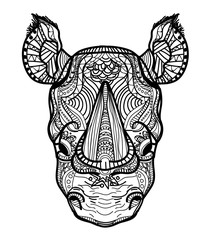 The head of a rhinoceros. Meditation, coloring of the mandala. Fluffy ears, big horn on the nose. Drawing manually, templates. Strips, points, arrows. Spots of watercolor paint, spray. Print, logo.