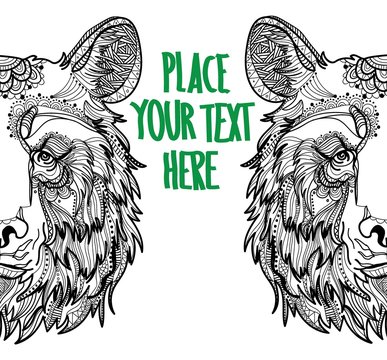 The head of a bear. Meditation, coloring of the mandala. Fluffy face with large ears. Drawing manually, templates. Strips, points, arrows . Mighty predator.