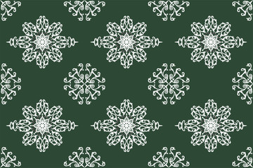 Traditional seamless pattern hand drawn with traditional ornament decoration and mixed with victorian style. Geometry for each side. Green and white background.