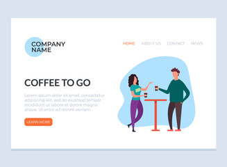 Two people characters man and woman taking break and drinking coffee. Drinks to go cafe concept. Vector flat graphic design illustration