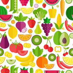 Fruits and vegetables seamless pattern. Organic and healthy food. Flat style, vector illustration.