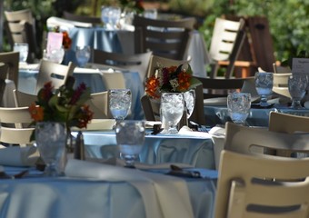Elegant tables set up for a wedding banquet