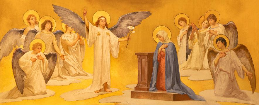 ACIREALE, ITALY - APRIL 11, 2018: The fresco of Annunciation in Duomo - cattedrale di Maria Santissima Annunziata by  Giuseppe Sciuti (1907).