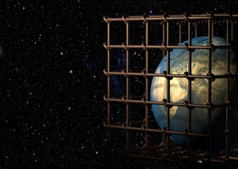 Planet earth behind an iron prison cell. 3D rendering.