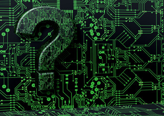 Motherboard digital chip with question mark.                   