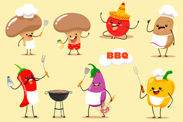 Barbecue  vegetable vector set for bbq party and picnic.Funny and cartoon vegetables chilli, mushrooms, eggplant, tomato, pepper, potatoes for summer barbecue. Vector vegetable isolates.