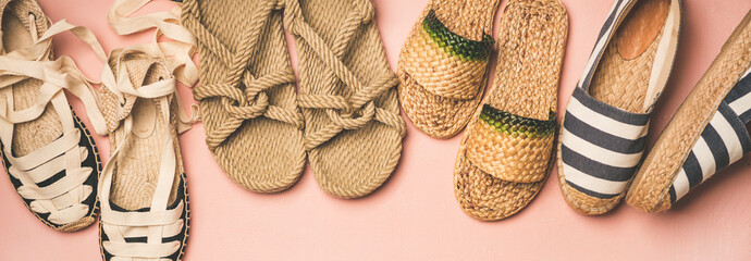 Variety of trendy summer shoes. Flat-lay of espadrilles, sandals, flip flops made of natural...