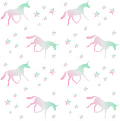 vector seamless pastel holographic unicorn star pattern isolated on white background