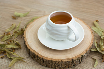 Cup of tea on a wooden pallet.