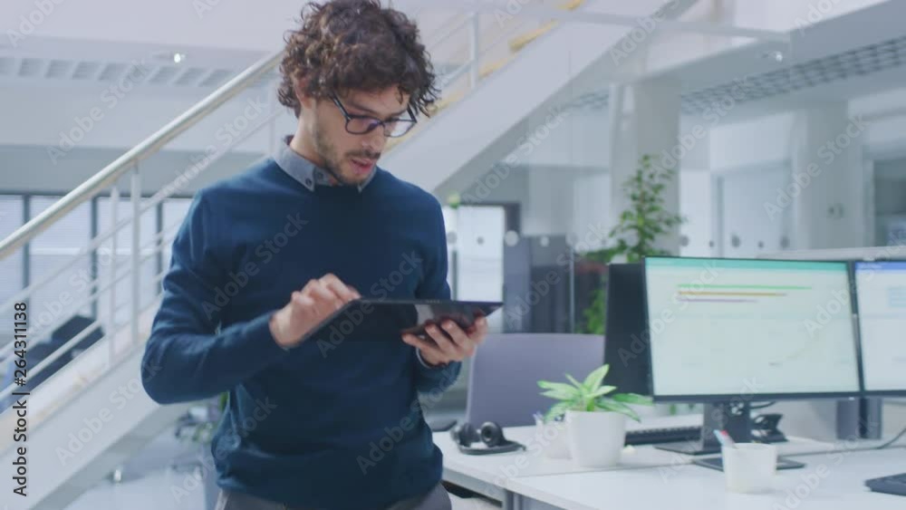 Aufkleber In Bright Modern Office: Office Worker Sitting and Working at Her Desktop Computer, Discusses Problem Solution with Her Project Manager and Team Leader. Young Businessmen Planning and Problem Solving