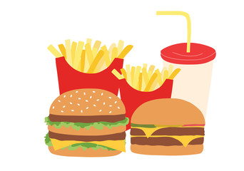 Hamburgers, french fries and coca cola drink isolated on white background vector-illustration. Fast food concept background