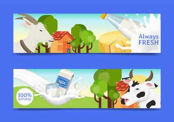 Fresh dairy products concept set of banners vector illustration. Organic, quality food. Great taste and nutritional value. Farm animal milk and cheese. Farmer near stable.