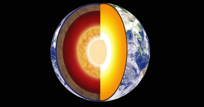 Animation of the earth's inner layers sliced away from atmosphere - Powered by Adobe