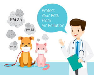 Male Veterinarian With Dog And Cat Wearing Air Pollution Mask For Protect Dust PM2.5