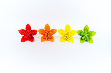 Origami kusudama flower stands in a row against a white background. Rainbow color. Diy Paper craft