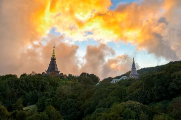 Fotobehang Beautiful landscape of two pagoda on the top of Doi Inthanon National park, Chiang Mai, Thailand. © yotrakbutda