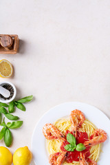 Fried shrimp prawns Italian spaghetti pasta