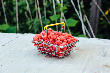 Mini shopping basket full of fresh red ripe raspberry on vintage background