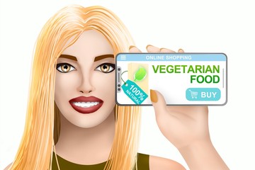 Concept buy online vegetarian organic food. Drawn pretty girl on colourful background. Illustration