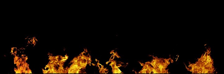 Fototapeta na wymiar Real fire flames isolated on black background. Mockup on black of 5 flames.