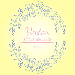 Wreath of roses or peonies flowers and branches with shalimar, lemon, polo blue, azalea and white nectar colors. floral frame design elements for invitations, greeting cards, posters. Hand drawn