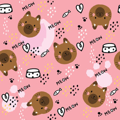 Cartoon cute sweet cat seamless pattern vector.