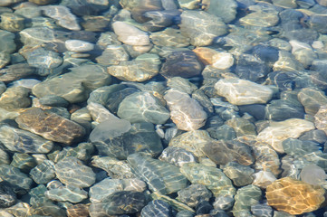Background of sea colored stones under water.